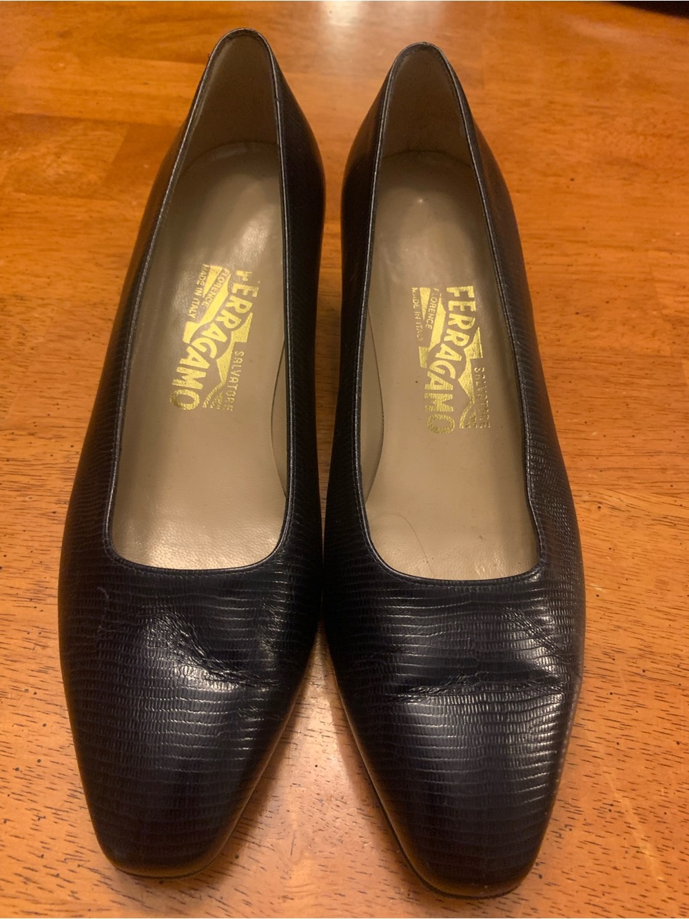 Salvatore Ferragamo Black Textured Leather Square-Toe Flats